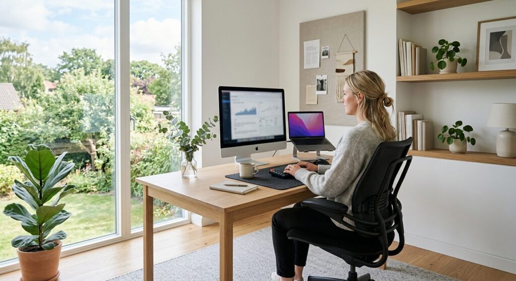Moderne hjemmekontor med ergonomisk stol ved højdeindstilleligt skrivebord og naturligt lys