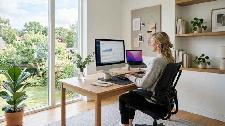 Moderne hjemmekontor med ergonomisk stol ved højdeindstilleligt skrivebord og naturligt lys