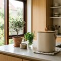 Moderne kompostbeholder i køkkenet på en stenlarbetsskiva med grønne planter i baggrunden