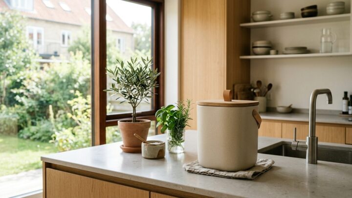Moderne kompostbeholder i køkkenet på en stenlarbetsskiva med grønne planter i baggrunden
