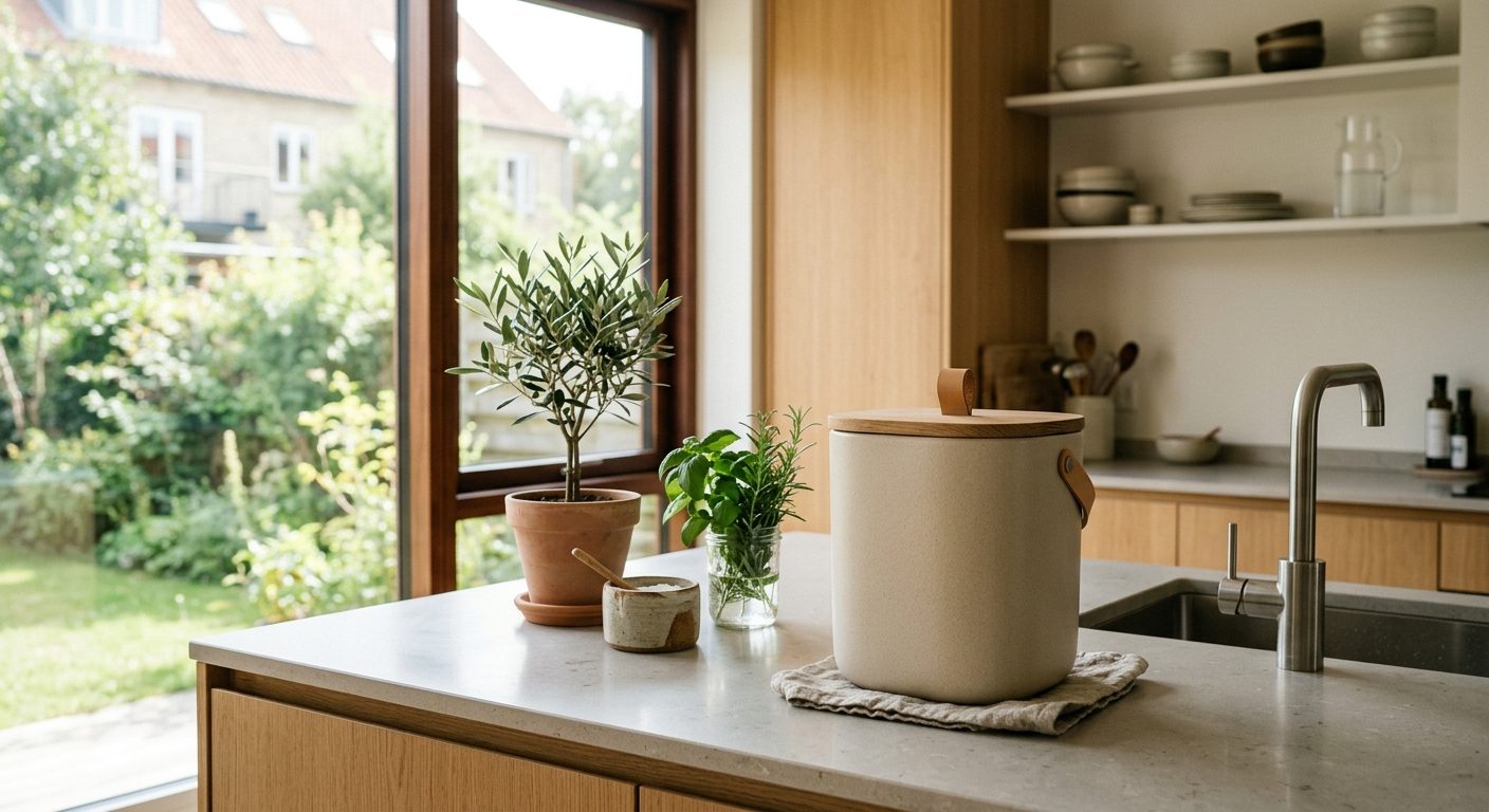 Moderne kompostbeholder i køkkenet på en stenlarbetsskiva med grønne planter i baggrunden