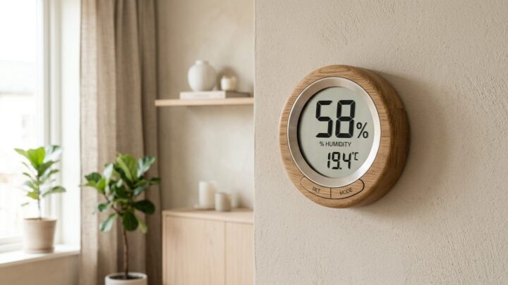 Hygrometer på væg der viser luftfugtighed i procent i moderne stue