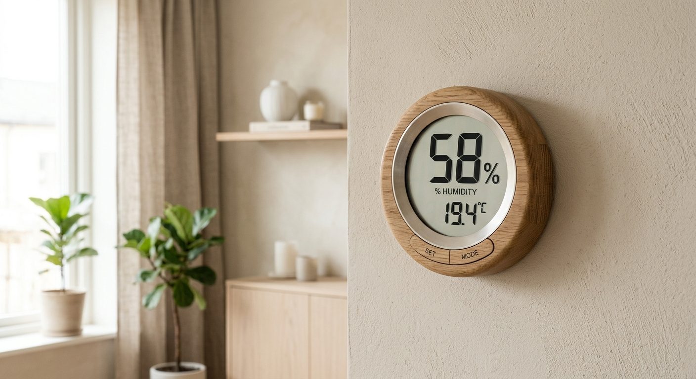 Hygrometer på væg der viser luftfugtighed i procent i moderne stue