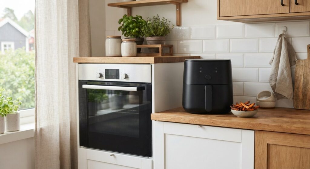 Airfryer og ovn side om side i et moderne køkken