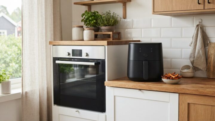 Airfryer og ovn side om side i et moderne køkken