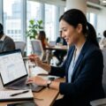 Erhvervsperson analyserer resultater af b2b LinkedIn annoncering på laptop i kontormiljø