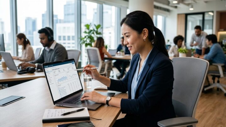 Erhvervsperson analyserer resultater af b2b LinkedIn annoncering på laptop i kontormiljø