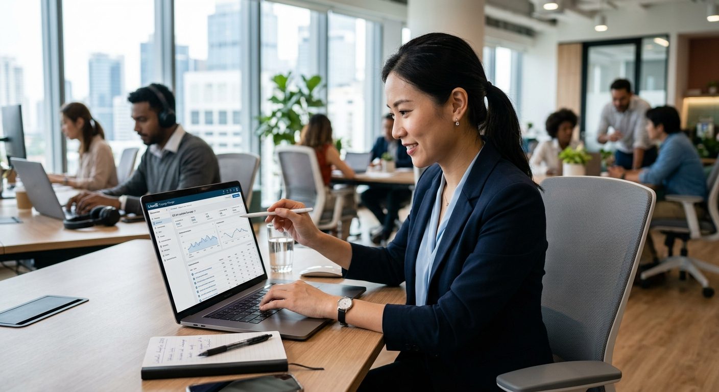 Erhvervsperson analyserer resultater af b2b LinkedIn annoncering på laptop i kontormiljø