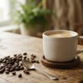Kop kaffe med kaffebønner der illustrerer koffeinindhold i kaffe