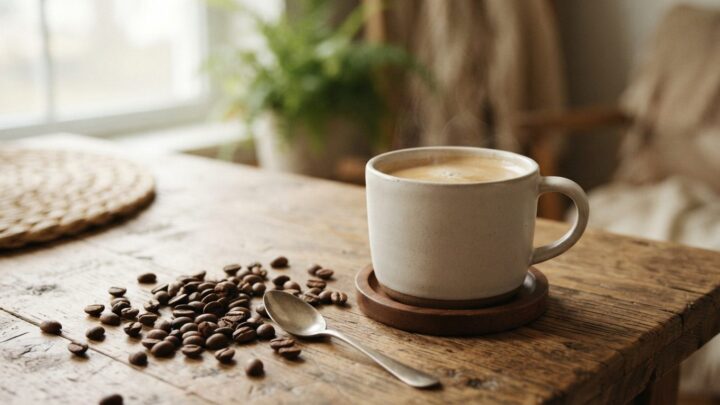 Kop kaffe med kaffebønner der illustrerer koffeinindhold i kaffe
