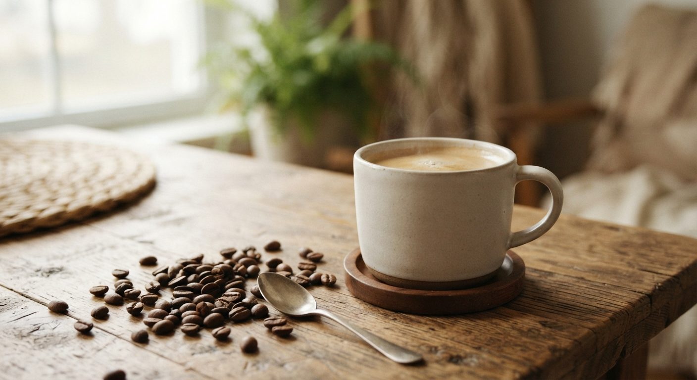 Kop kaffe med kaffebønner der illustrerer koffeinindhold i kaffe