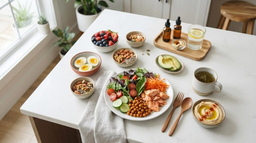 Flat lay overhead shot of a healthy lunch spread on a modern