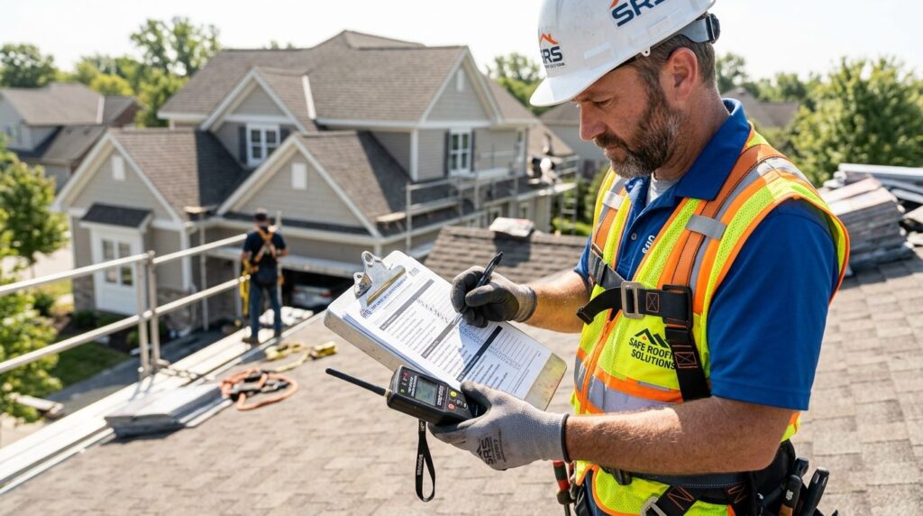 Close-up professional photograph of a roofing contractor hol