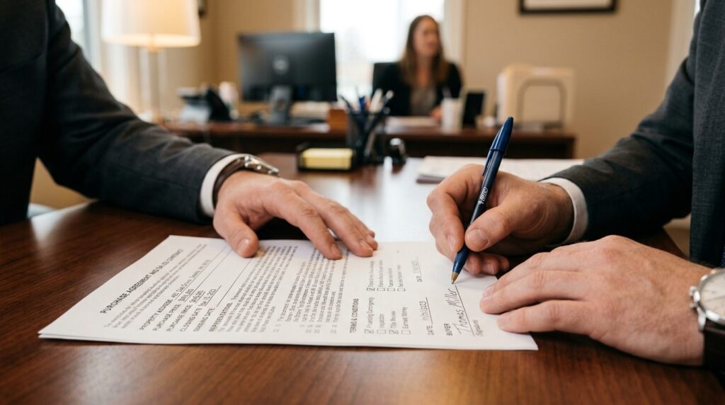 Close-up photorealistic image of hands reviewing an official