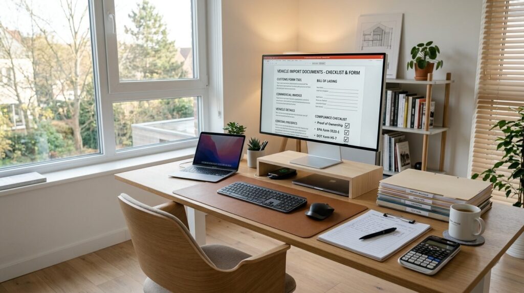 Modern home office scene with a sleek computer monitor displ