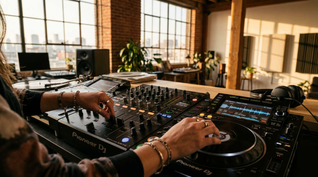 Close-up overhead view of hands manipulating Pioneer DJ turn