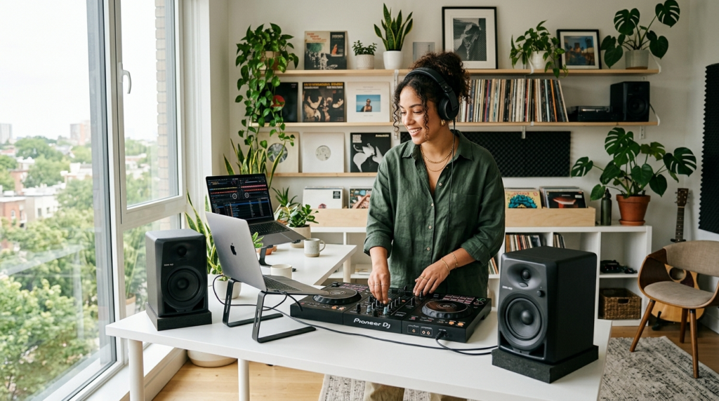 Wide shot of complete beginner DJ station setup in a bright 
