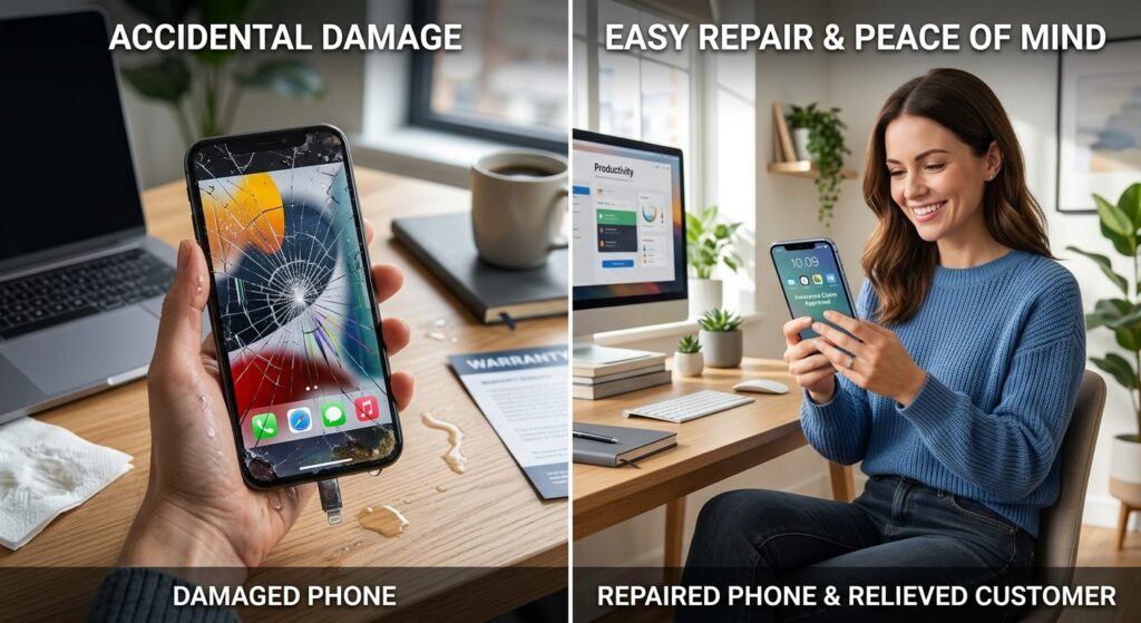 Split-screen concept: left side shows a damaged smartphone w