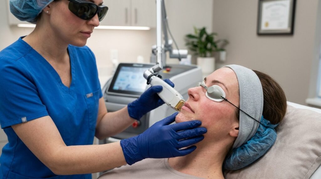 Close-up of a womans face receiving professional laser hair