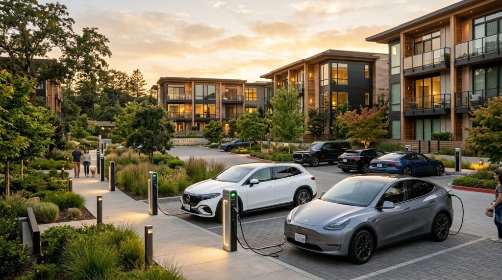 Modern luxury residential complex with multiple electric veh
