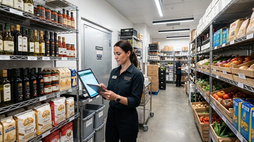 Wide angle view of a modern HoReCa storage room with organiz