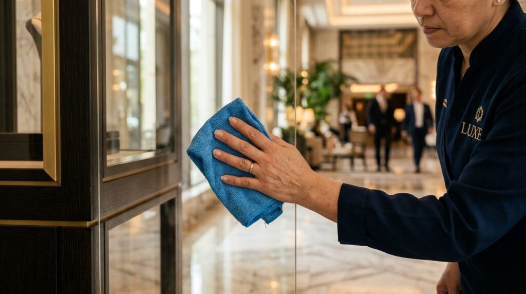 Close-up detail shot of a professional cleaners hand using 