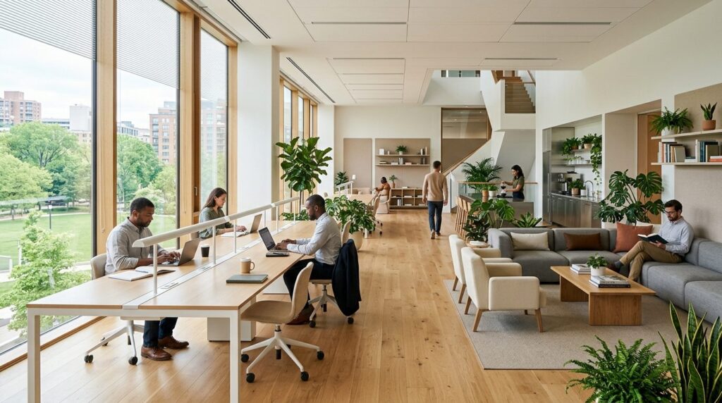 Wide-angle view of a bright, airy institutional workspace li