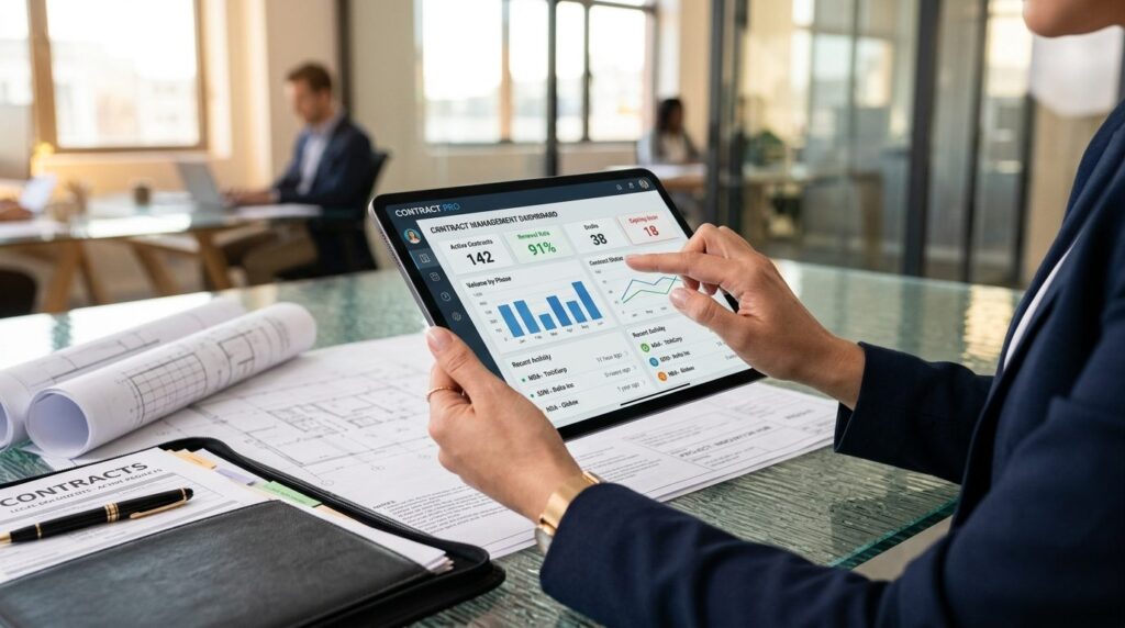 Close-up of hands holding tablet showing contract management