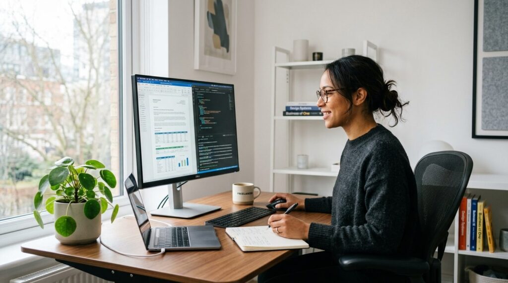 Confident freelancer woman in modern home office reviewing d