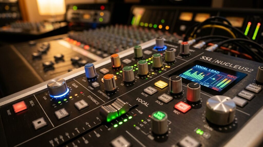 Close-up detail shot of premium professional audio equipment