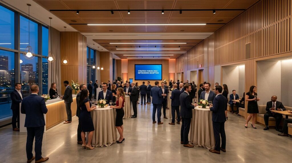 Wide perspective of elegant corporate event space with state