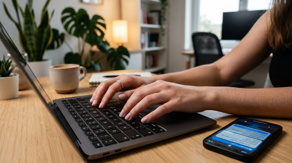 Close-up of hands typing on a sleek laptop keyboard, with a