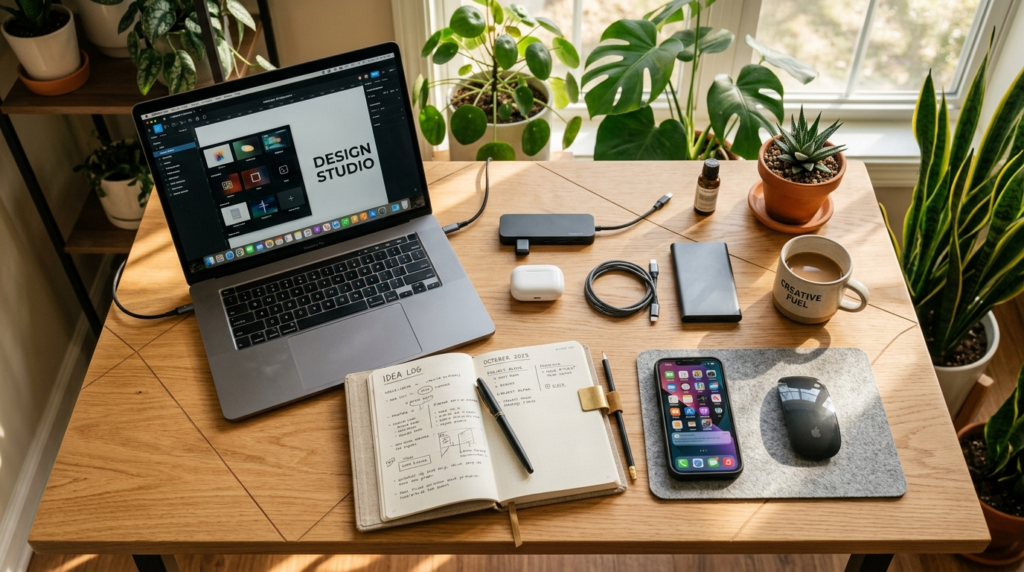 Flat lay lifestyle composition featuring a designers worksp