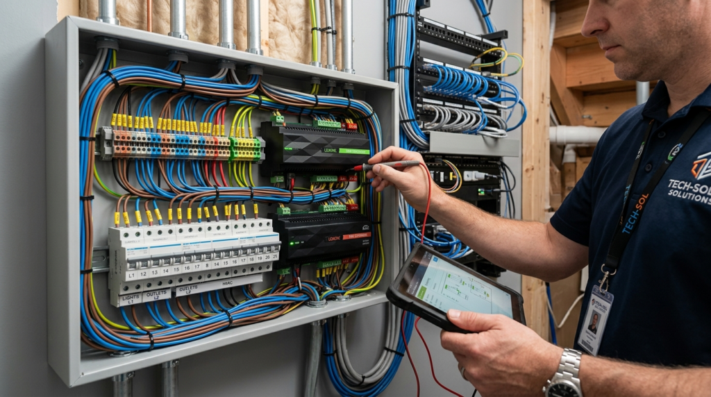Close-up detail of smart home technology panel and electrica