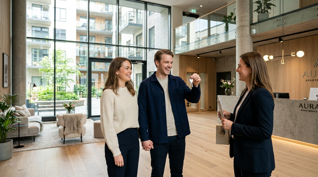 Young couple receiving apartment keys from real estate profe