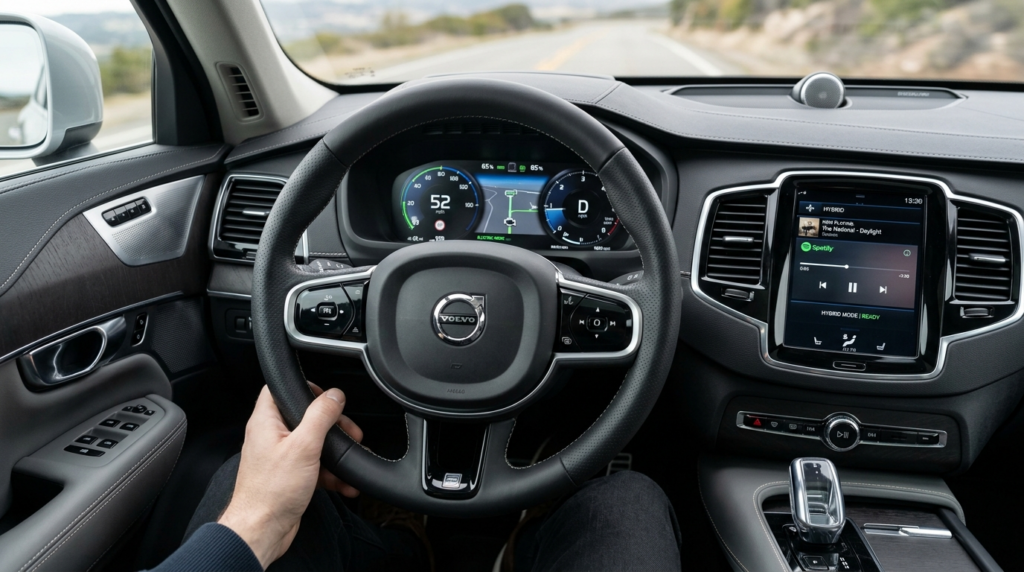 Close-up detail shot of a hybrid cars modern dashboard and 