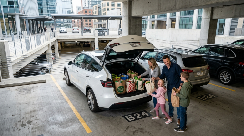 Overhead lifestyle shot of a family of four loading shopping