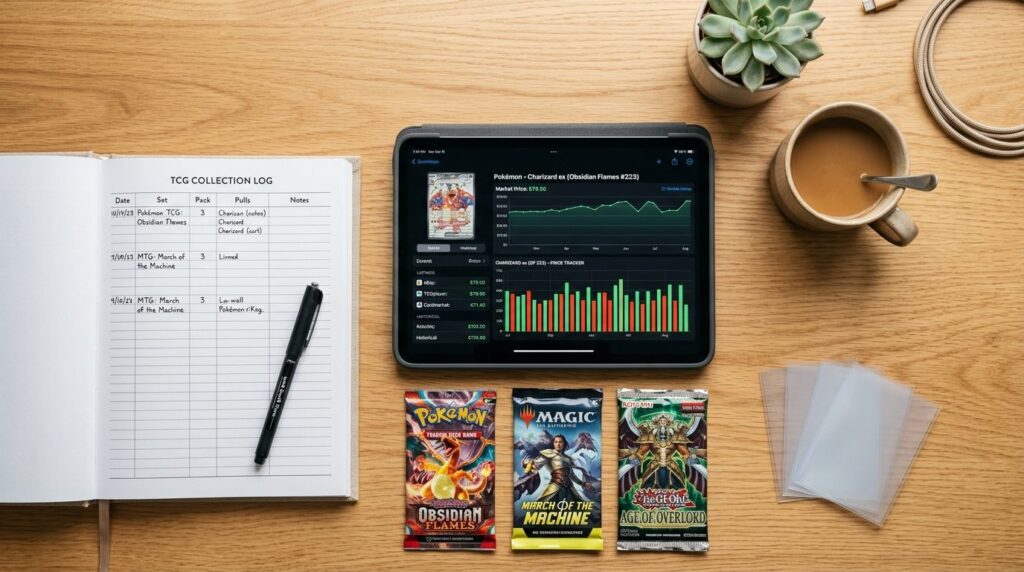 Overhead flat lay composition of trading card booster packs,