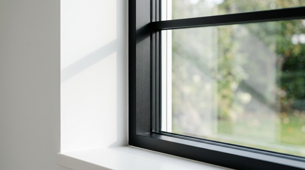 Close-up detail of premium custom window frame in matte blac
