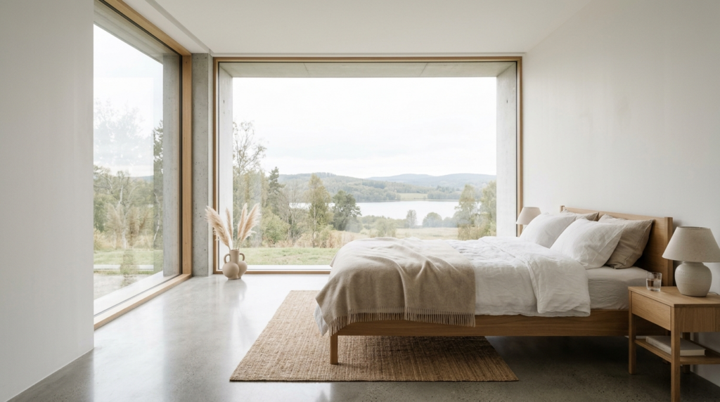 Bright Scandinavian bedroom with expansive custom frameless 