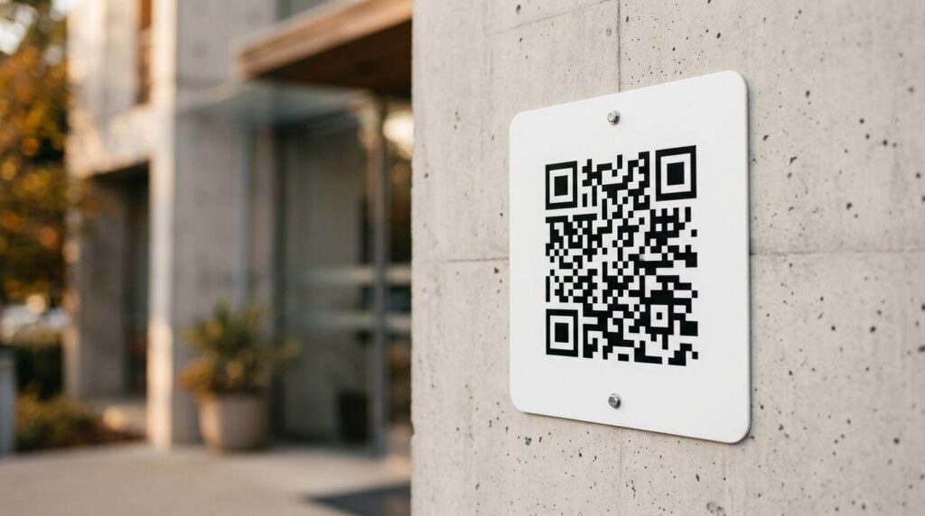 Close-up of a QR code on a modern white parking sign mounted