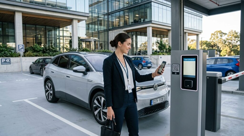 Young professional scanning QR code with smartphone at moder