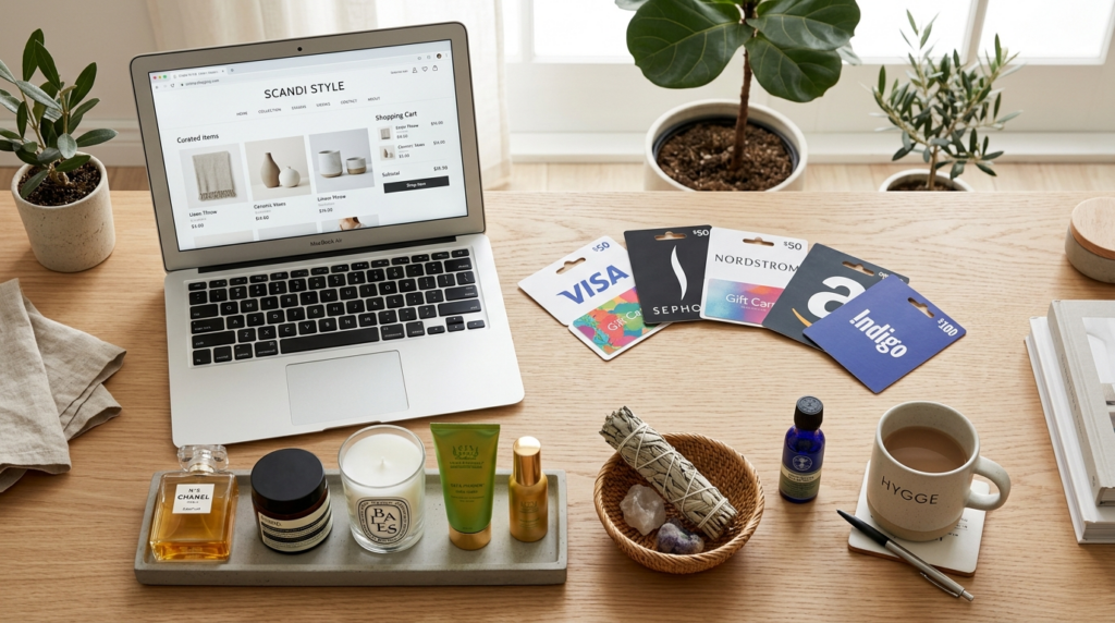 Overhead view of organized lifestyle shopping arrangement: u