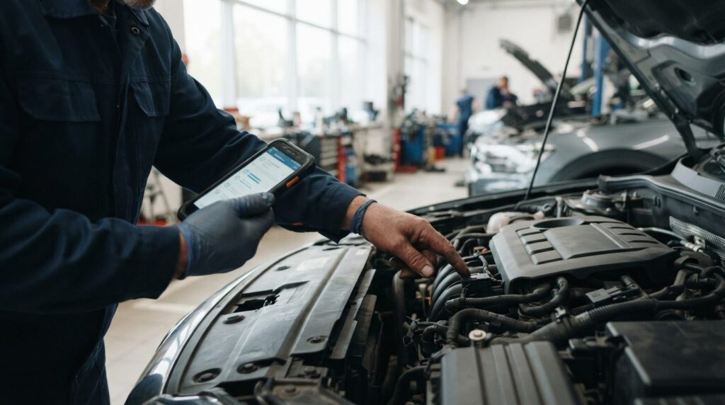 Close-up professional photograph of a car inspection scene s
