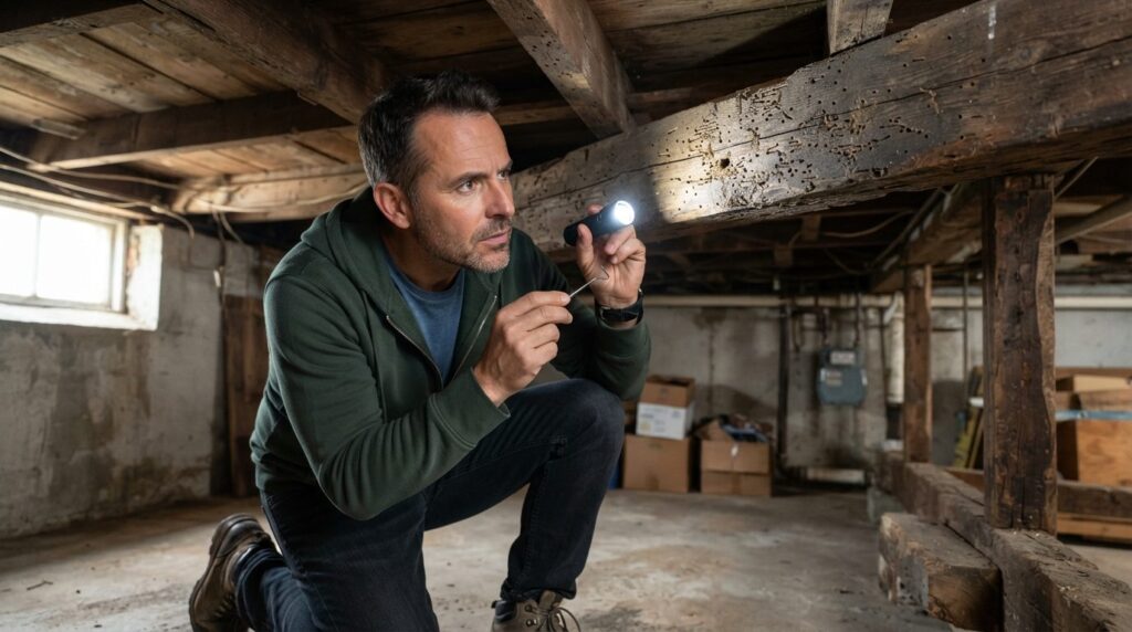 Modern home owner in casual clothing examining old wooden fl