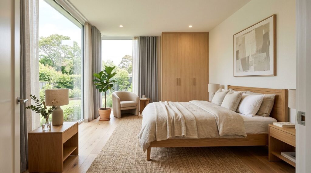 Modern upscale bedroom interior with new furniture, fresh pa