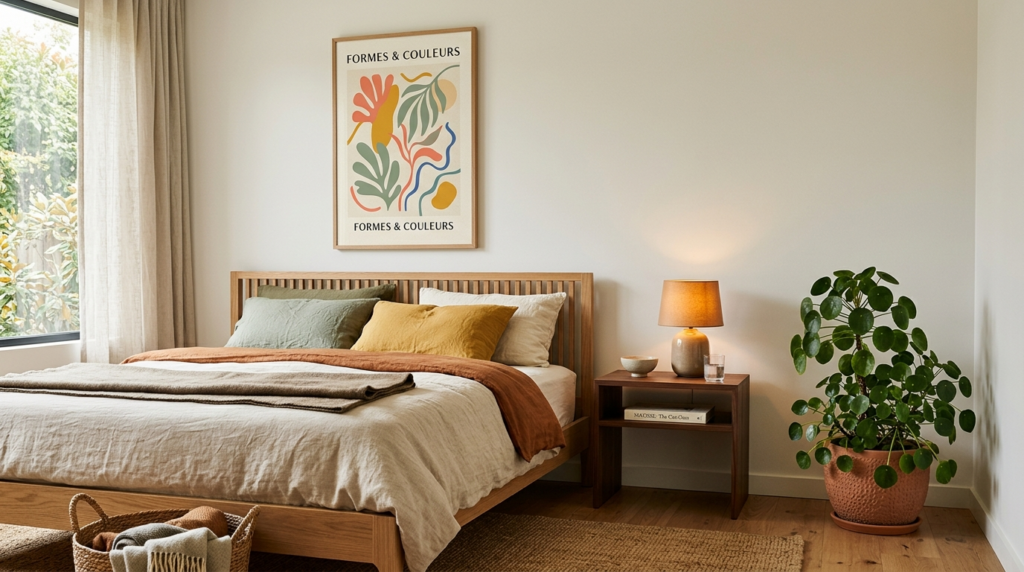 Sophisticated modern bedroom corner featuring a statement Ma
