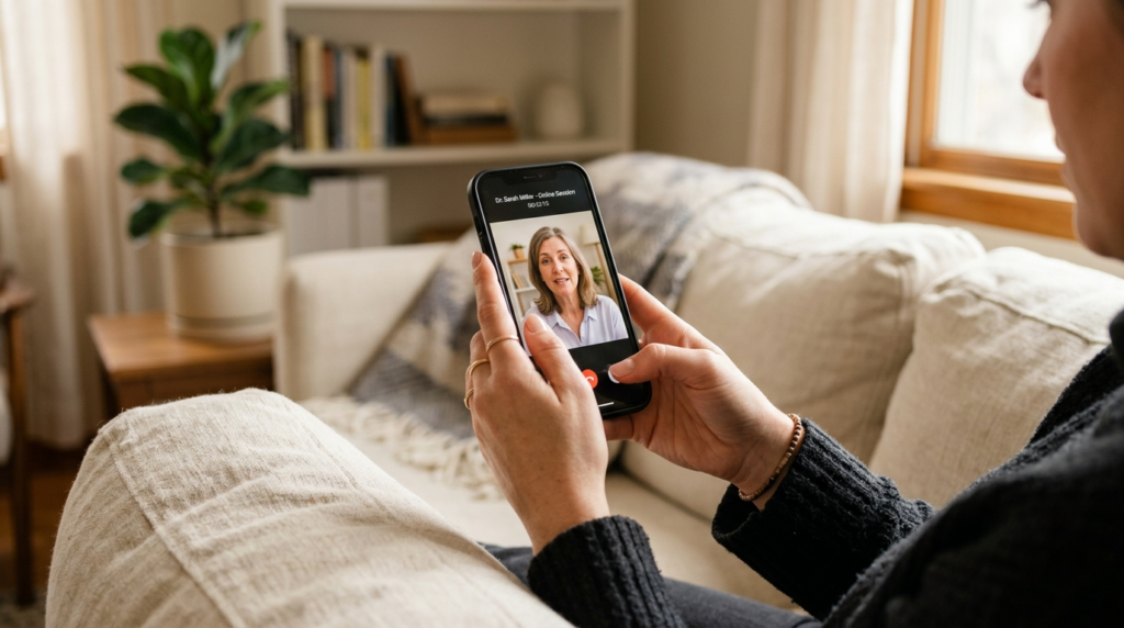 Close-up of hands holding smartphone during online therapy s