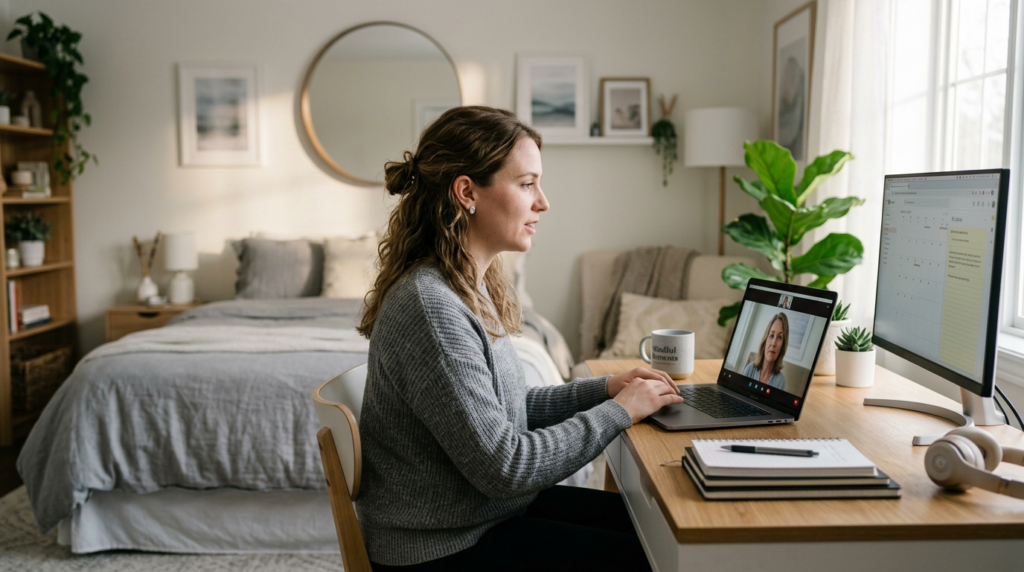 Young professional person in contemporary bedroom workspace,