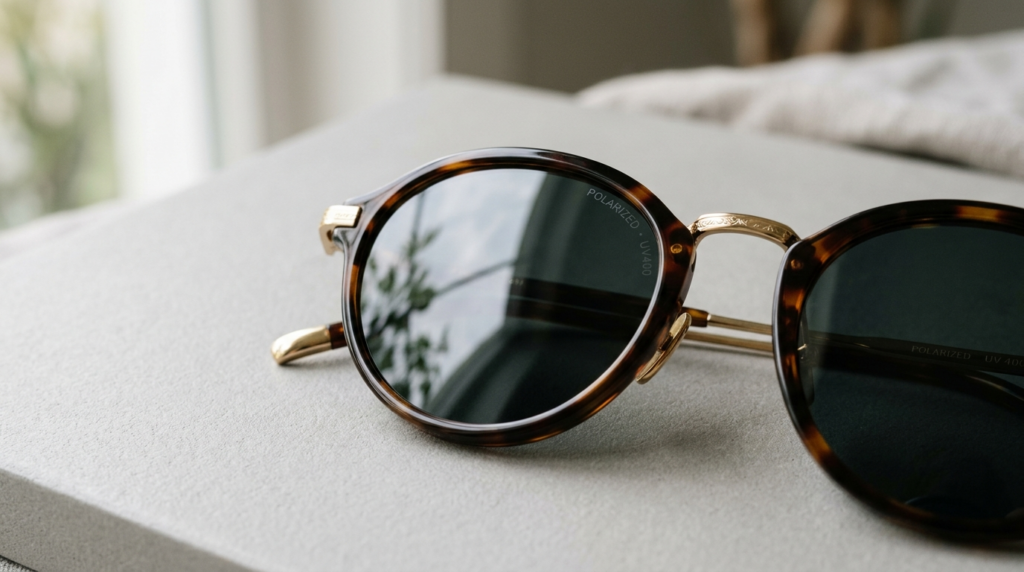 Close-up detail shot of premium polarized sunglasses for wom